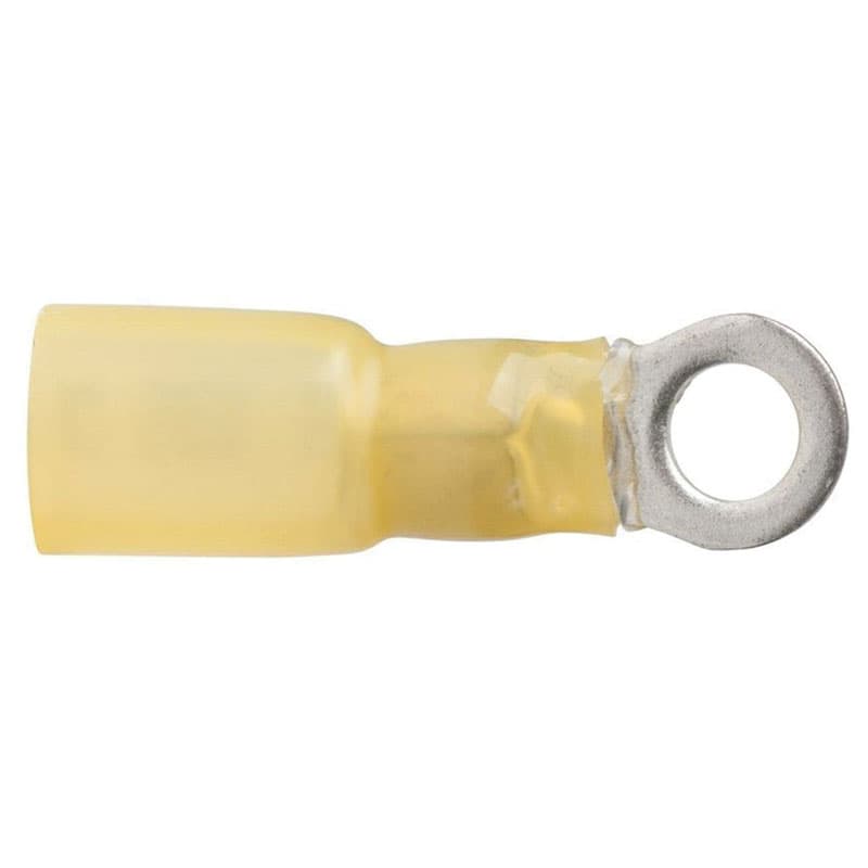 Adhesive Lined Heat Shrink Ring Terminal - AWG 12-10, Stud Size 1/4", Color Yellow