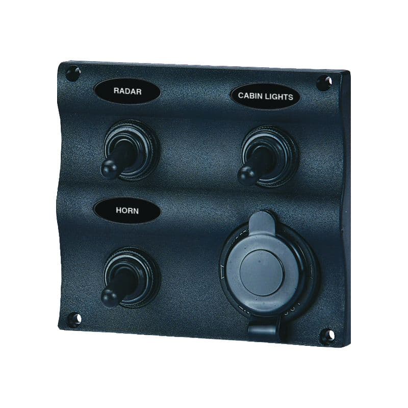 Wave Design Toggle Switch Panel with 12 volt Power Socket (3 Gang)