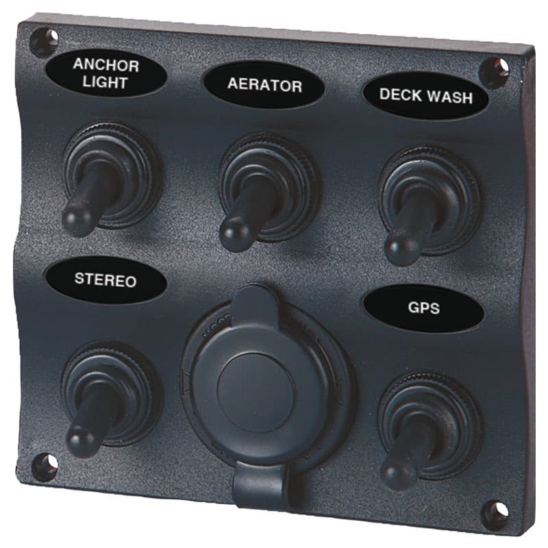 Wave Design Toggle Switch Panel with 12 volt Power Socket (5 Gang)